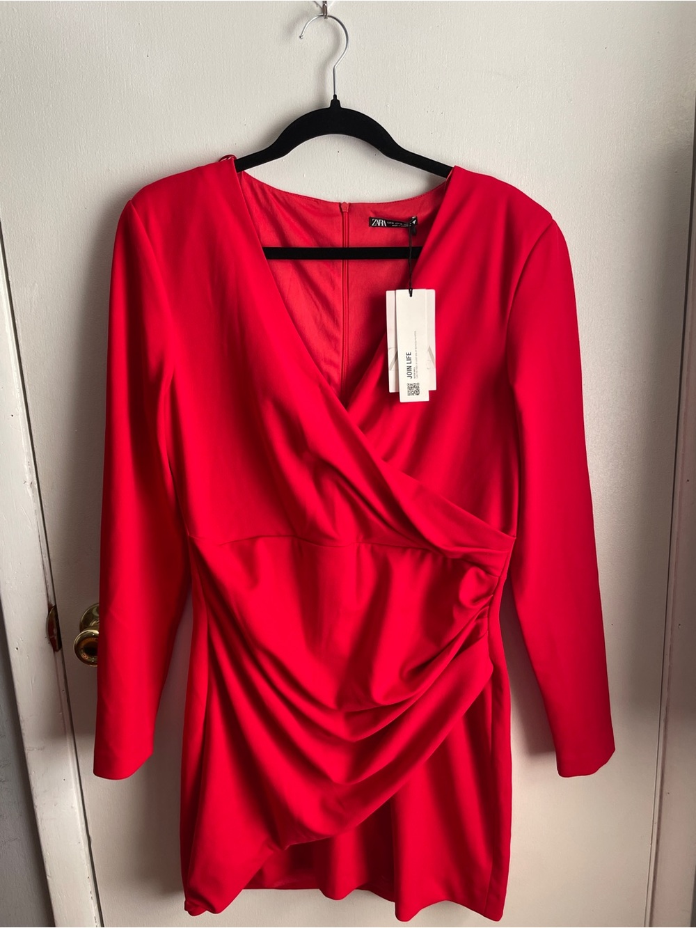 ZARA Bright Red Long-Sleeve Draped Mini Dress